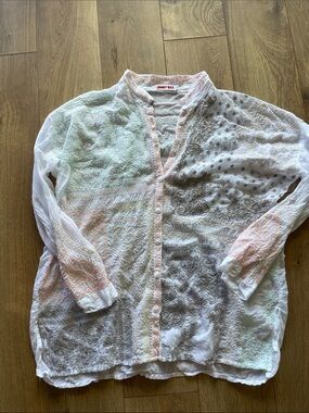 Johnny Was Sheer Embroidered Button-Front Blouse - White with Pastel Accents